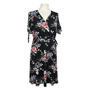 Michel Studio Floral Faux Wrap Midi Red Pink Black Dress Plus Size 1X